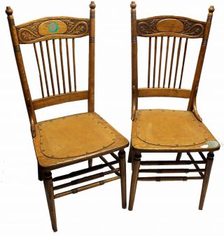 Antique Oak Pressed Back Spindle Chairs With Tooled Leather Seats