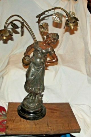 Antique French Bronzed Spelter Figural Maiden Lamp Signed & Stamp 22 " Tall