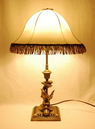 Vintage St & Co Brass Sea Monster Table Lamp With Silk Shade