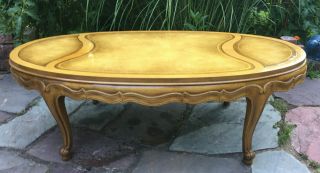 Vintage/Antique Coffee Table Oval Solid Wood w/ inlaid Leather Top Gold Boarder 2