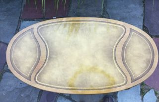 Vintage/Antique Coffee Table Oval Solid Wood w/ inlaid Leather Top Gold Boarder 6