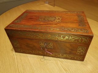 Antique Victorian Brass Inlaid Rosewood Jewellery Stationery Box & Key