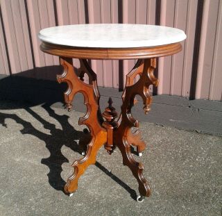 Antique Walnut Victorian Parlor Table W/ Oval Marble Top 1870s