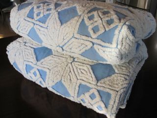 2 Vintage Chenille Twin Bedspreads Light Blue White Star Pattern 71 X 104 Vguc