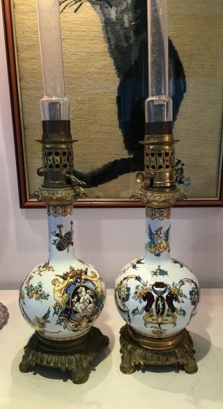 Antique Moderator Porcelain Oil Lamps Spelter Brass Base Putti Cherub