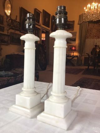 Pair Vintage White Marble Reeded Column Bedside Table Lamps 12” Tall