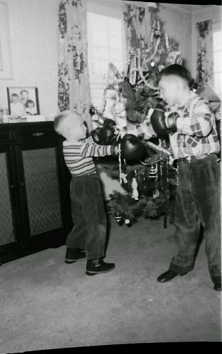 Vintage 1940 ' s Photo Neg of 2 Boys Brothers Box got Boxing Gloves for Christmas 2