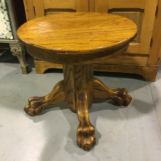 Vintage Solid Oak Claw Foot Round End Table Footed Antique Lion Paw Accent