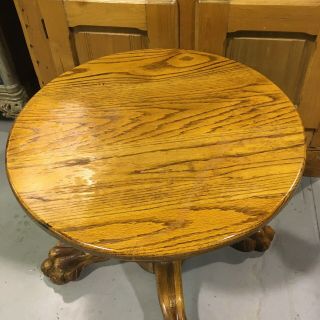 Vintage Solid Oak Claw Foot Round End Table Footed Antique Lion Paw Accent 2