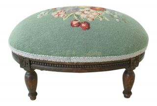 F50735ec: Vintage French Louis Xvi Style Oblong Needlepoint Footstool