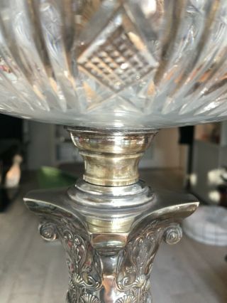 large silver plate oil lamp with cut glass font and Hinks Burner silver plate 3