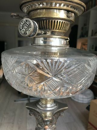 large silver plate oil lamp with cut glass font and Hinks Burner silver plate 5