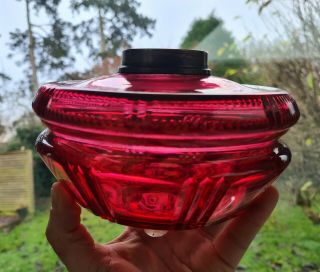 Big Victorian Cranberry Ruby Facet Cut Glass Oil Lamp Font 39mm Collar
