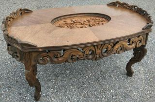 Oval Ornate High Relief Carved Wood Coffee Table Flower Top