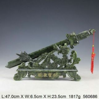 Oriental Vintage Chinese Handwork Carved Jade Dragon Sword Statue @aa