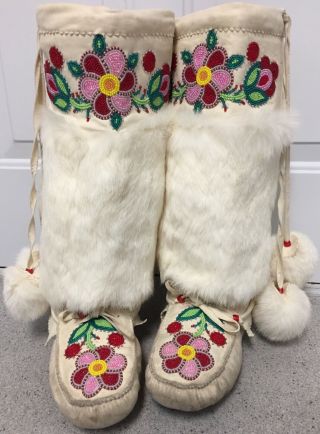 Vintage Cree Beaded Hide Fur Trim Plains Indian Pom Pom Tall Moccasins Mukluks