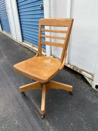 Vintage Wood Swivel Banker Chair Antique Office Industrial Wooden Desk Chair