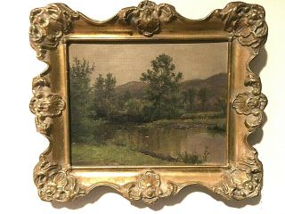 Vintage Antique Oil On Board Landscape In Ornate Vintage Wood Frame