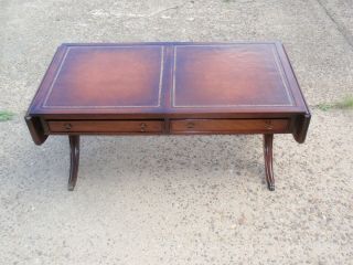 Antique Duncan Phyfe Style Leather Top Coffee Table With Leather Drop Sides