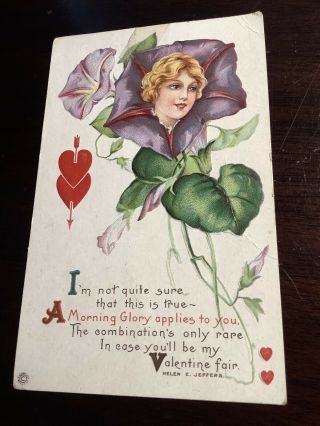 Helen Jeffers Vintage Postcard Morning Glory Valentine’s Day Woman’s Face Flower