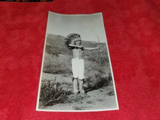 Vintage Photo Of Young Indian Chief In Headdress With Bow And Arrow 1930s