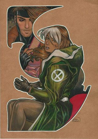 Rogue X Gambit (11 " X17 ") And Unique 1/1 Comic Art By Kinho Anderson