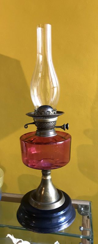 Victorian Brass Oil Lamp With Cranberry Glass Font
