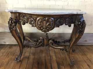 Asian Vintage Carved Wood Console Entrance Foyer Table With Marble Top