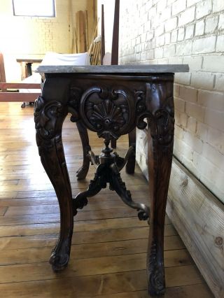 Asian Vintage Carved Wood Console Entrance Foyer Table With Marble Top 2