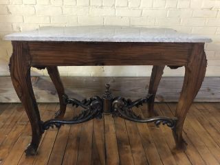 Asian Vintage Carved Wood Console Entrance Foyer Table With Marble Top 5