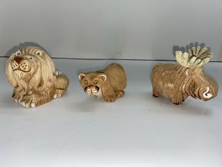 Set Of 3 Artesania Rinconada Uruguay Figurines Wild Animal Moose,  Cougar,  Lion