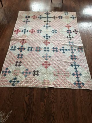 Red White & Blue Vintage 9 Patch Hand Quilted Quilt From West Virginia