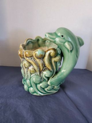Vintage Green Pottery Dolphin Planter With Ocean Waves Nautical Decor 5 "