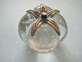 Vintage Clear Crystal Glass Tomato Paperweight With Bubbles And Brass