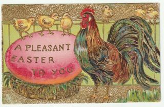 Vintage Postcard Rooster Easter Chicks Gold Detail Embossed
