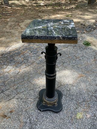 Victorian Style Ornate Wood/metal Pedestal With Black Marble Top Brass Accents