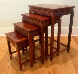 Vintage Set Of 4 Chinese Rosewood Nesting Tables Carved.