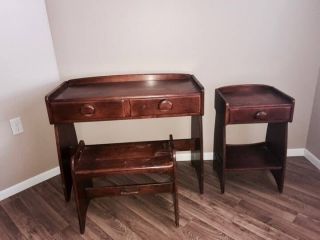 Unique Heywood Wakefield 3 Peice Set Desk With Stool And Side Table