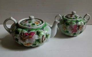 Antique Teapot Tea & Sugar Bowl Set Hand Painted Floral Design 4 