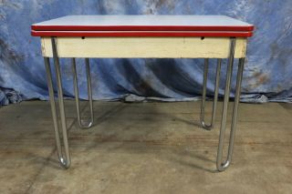 Vintage Porcelain Enamel Top Expandable Table With Metal Legs