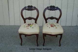 61345 Pair Antique Victorian Side Chairs Hand Made Needelpoint Seats