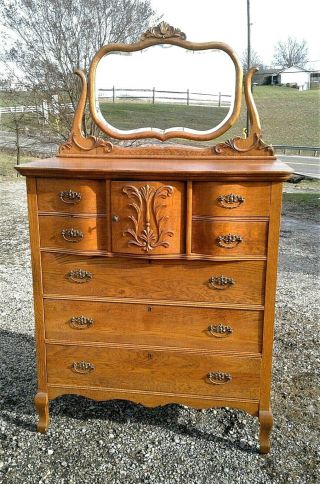Antique Oak Highboy Dresser W/ Mirror Bonnet Chest Of Drawers 1920s Era