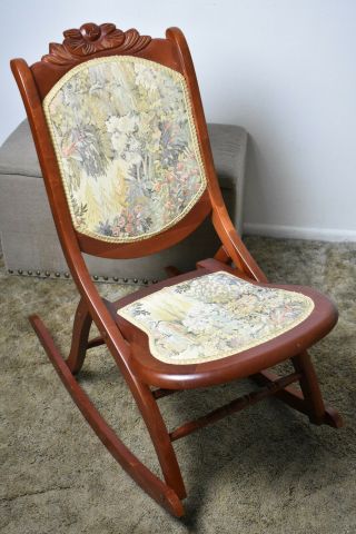 Vintage/antique Tapestry Wood Folding Rocker Rocking Chair - Victorian Style
