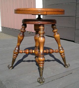 Antique Mahogany Piano Stool With Glass Balls And Claw Feet Adjustable 1890s