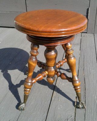 Antique Mahogany Piano Stool with Glass Balls and Claw Feet Adjustable 1890s 2