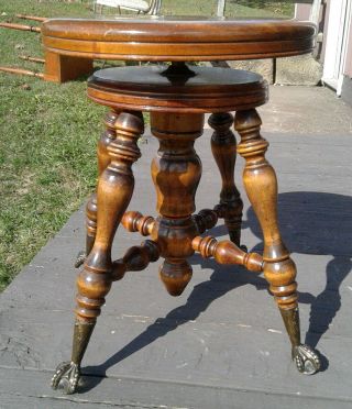 Antique Mahogany Piano Stool with Glass Balls and Claw Feet Adjustable 1890s 3
