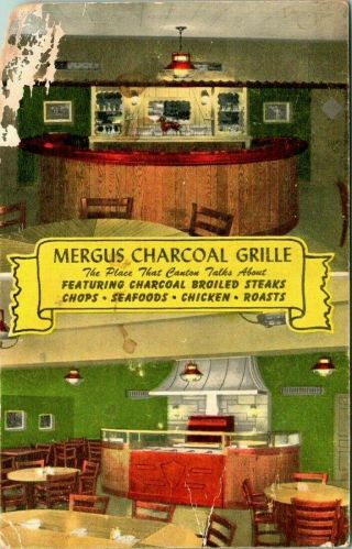 Vintage Postcard Canton Ohio " Mergus Charcoal Grille " Steaks Chops Roasts