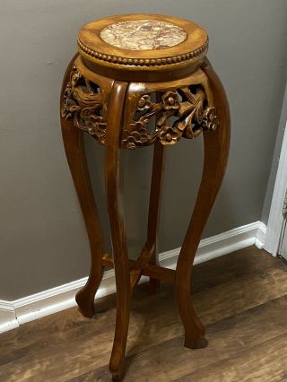 Vintage Chinese Carved Wood Plant Table Marble Top Hard Carved Wood