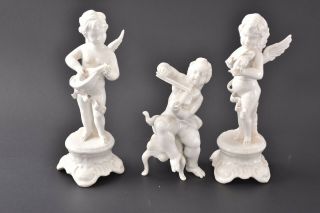 Cherub Angel Musicians 5 1/2 " Tall.  Vintage Glossy White Porcelain Set Of 3