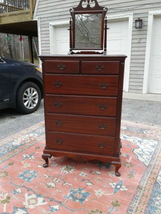Antique Solid Mahogany Payne Furniture Tall Chest Of Drawers W/ Tilting Mirror